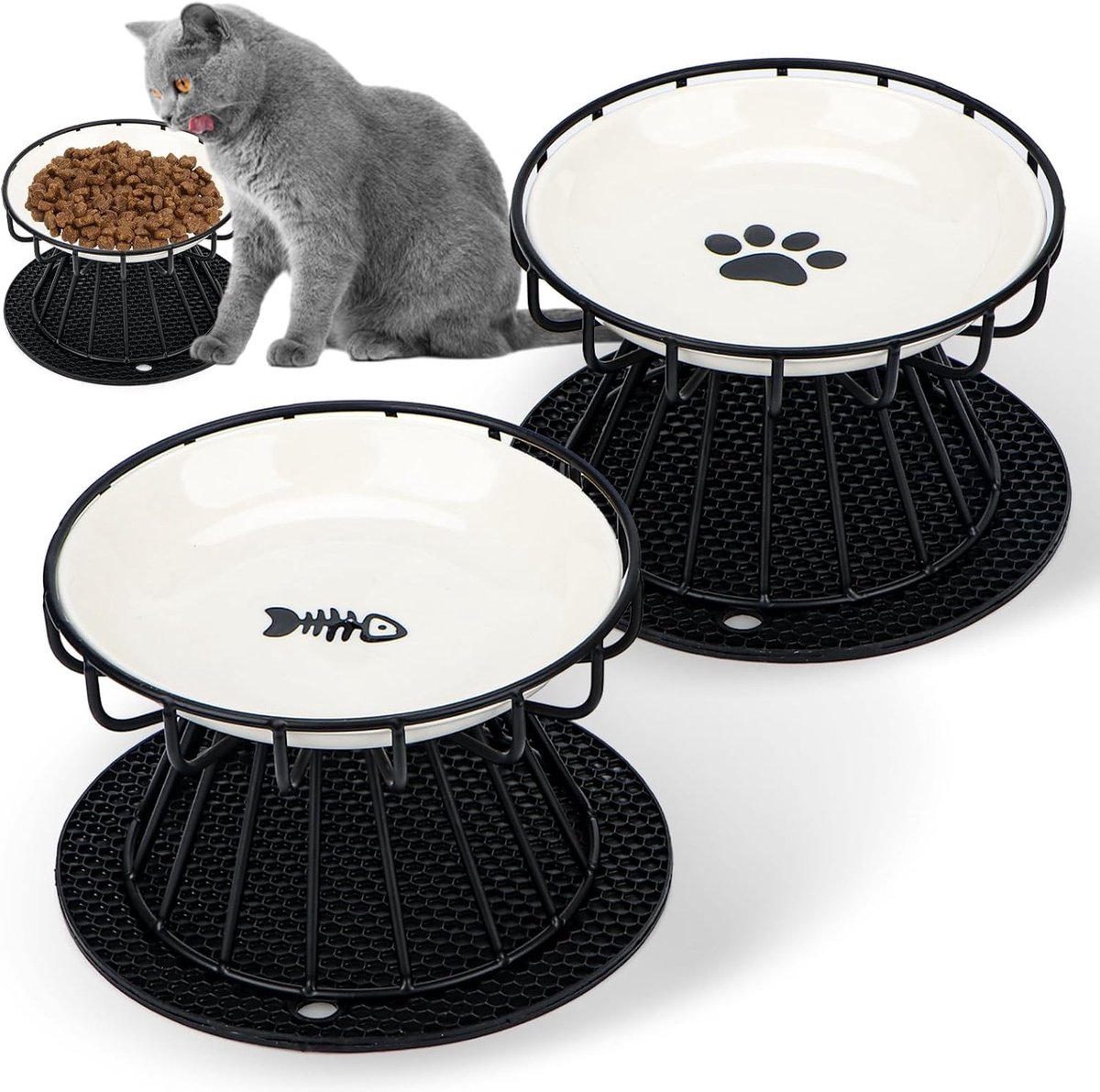 Verhoogde Kattenbak Set - Wit - 15 x 2,5 cm - Keramisch met Metalen Standaard en Siliconen Onderleggers - Voor Gezonde Voeding