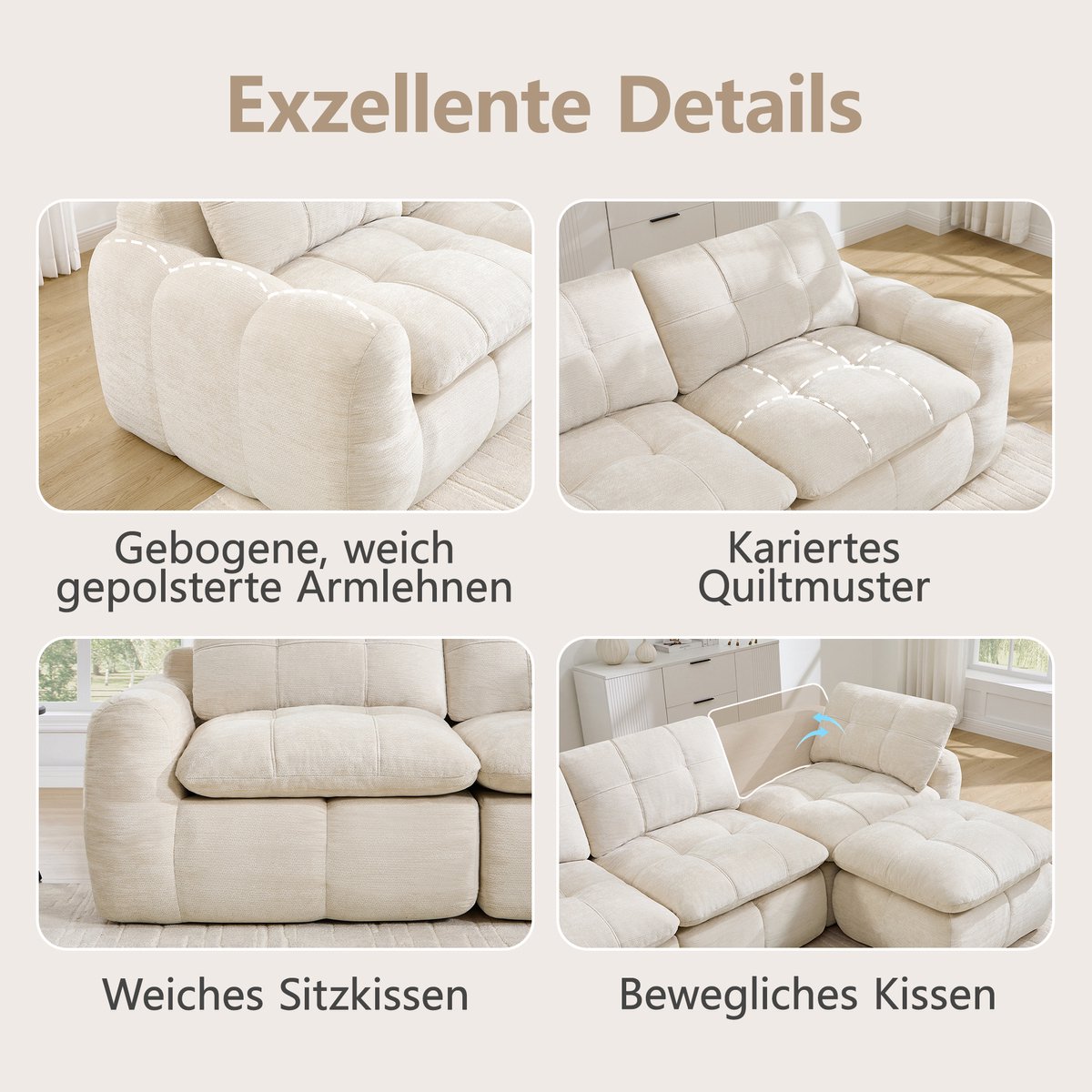 OKWISH Zitbank 194 x 160 cm - 2-Zits Modulaire Bank Met Ottomanen En Armleuningen - Montagevrij Voor Woonkamer Of Appartement - Chenille - Beige