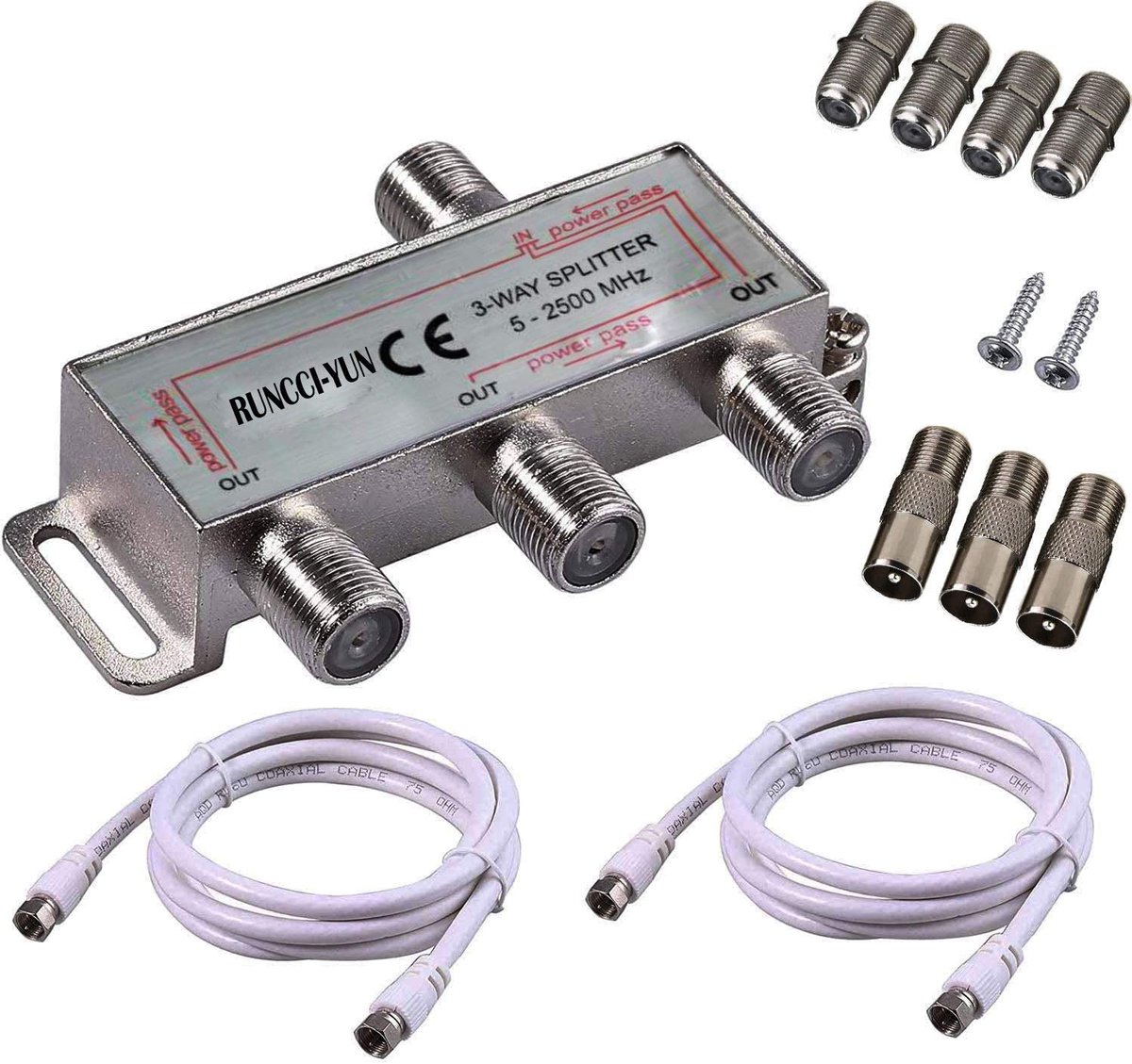 TV antenne splitter 3-weg - 5-2500 MHz - inclusief 2 coaxkabels - ideaal voor meerdere aansluitingen - ShopVlot