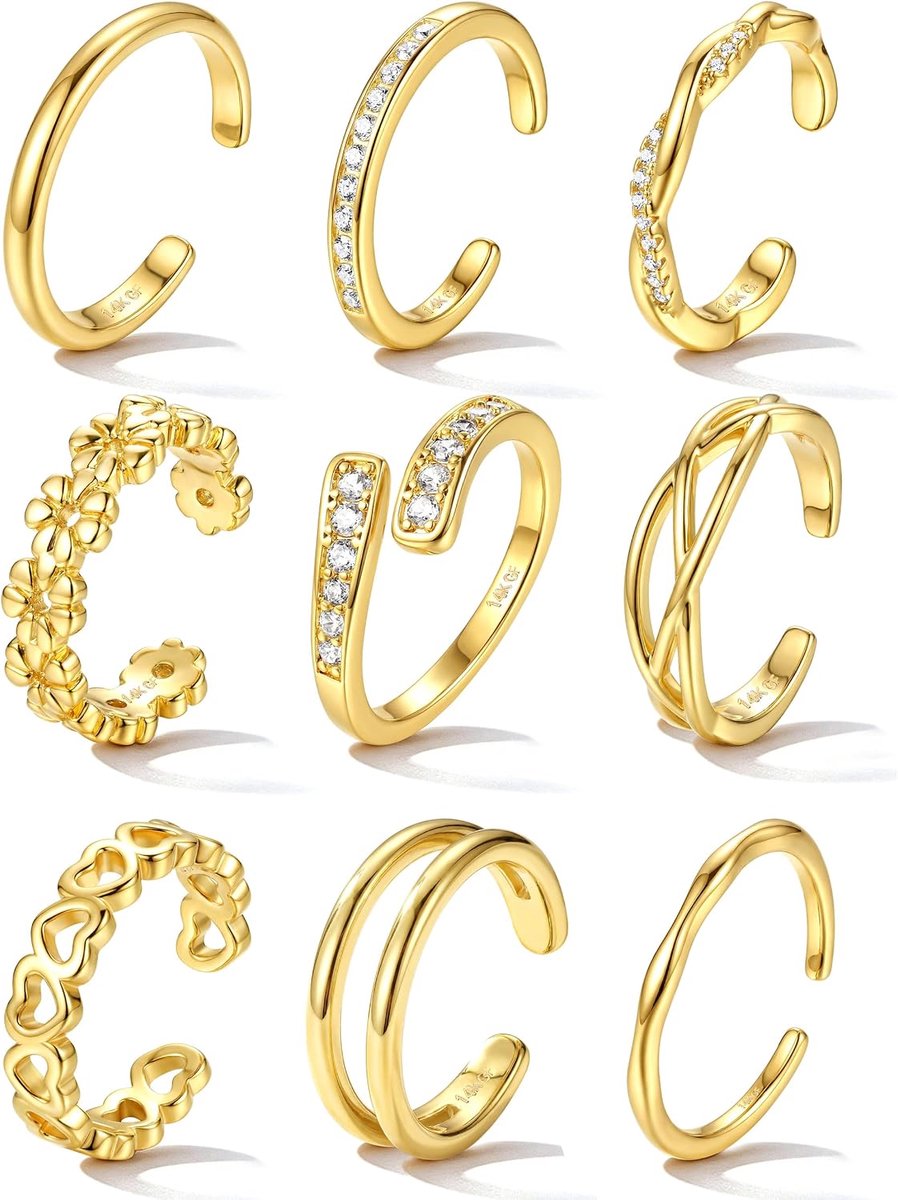 Teeringen Set 9 Stuks - Verstelbare Open Teeringen - Goud en Zilver - Waterproof Strand Sieraad voor Vrouwen - ShopVlot
