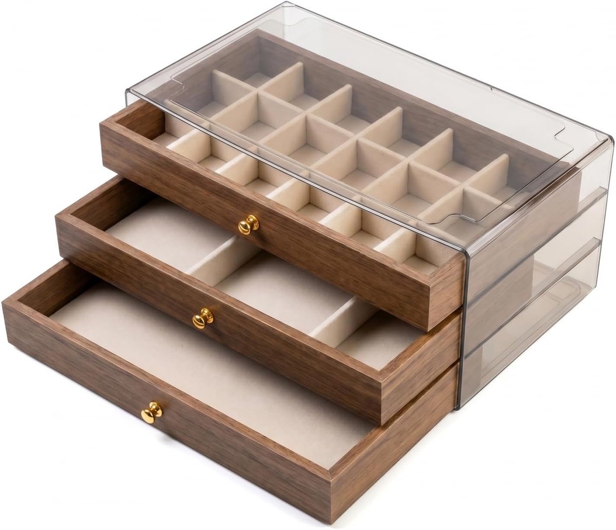 Houten sieradenkistje met 3 niveaus - organizerbox voor sieraden - opbergdoos met vakken voor ringen en oorbellen - ShopVlot