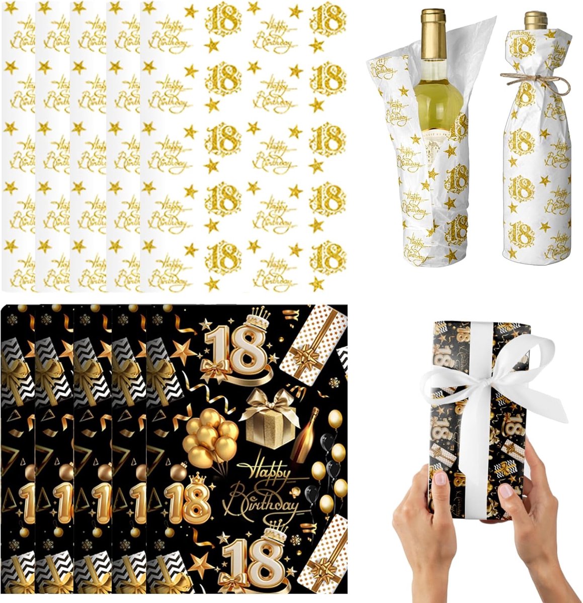 Cadeaupapier zakjesset zwart-goud - All-in-one set met geschenkzak, wenskaart, glanzend papier en lint - ShopVlot
