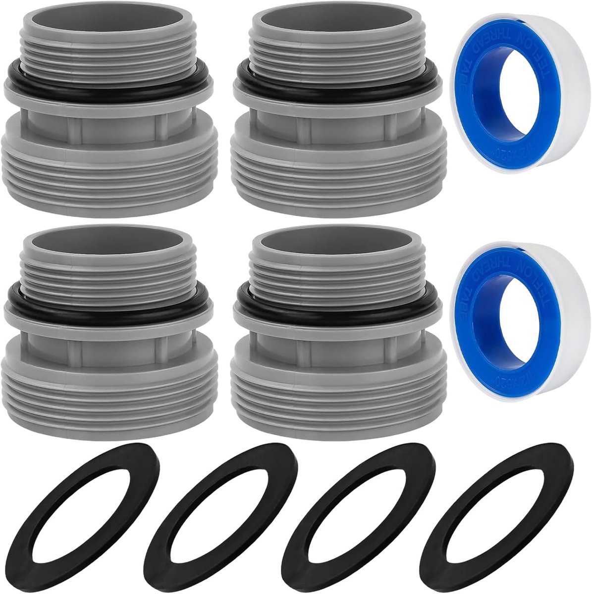 Zwembadslangadapters set van 4 - 40 mm op 1 1/2 inch - met afdichtingen en PTFE-afdichtband - flexibele toepassing - ShopVlot