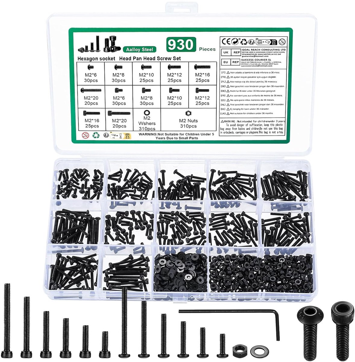 M2 Screw Set, Hexagon Screws, Nut Set and Hexagon Socket Screws and Nuts, Cylinder Head Screws with Washers - ShopVlot