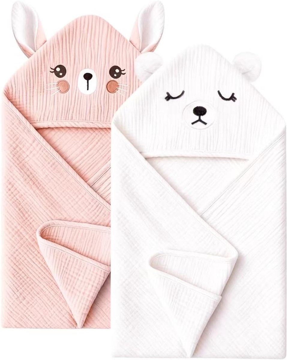 2 stuks mousseline babyhanddoek met capuchon, 81 x 81 cm, zachte katoenen babybadhanddoek, uniseks, babycadeau - ShopVlot