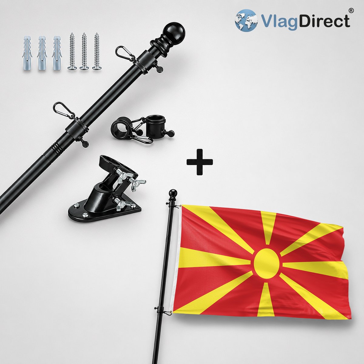 VlagDirect - Compleet vlaggenpakket - Zwarte vlaggenstok inclusief vlaggenstokhouder + Macedonische vlag - Macedonië vlag - 90 x 150 cm