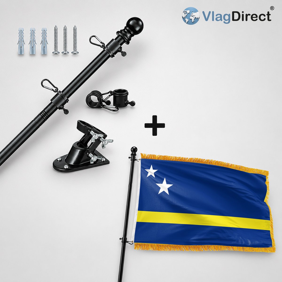 VlagDirect - Compleet vlaggenpakket - Zwarte vlaggenstok inclusief vlaggenstokhouder + Luxe Curaçaose vlag - Luxe Curaçao vlag - 90 x 150 cm - Franjes.
