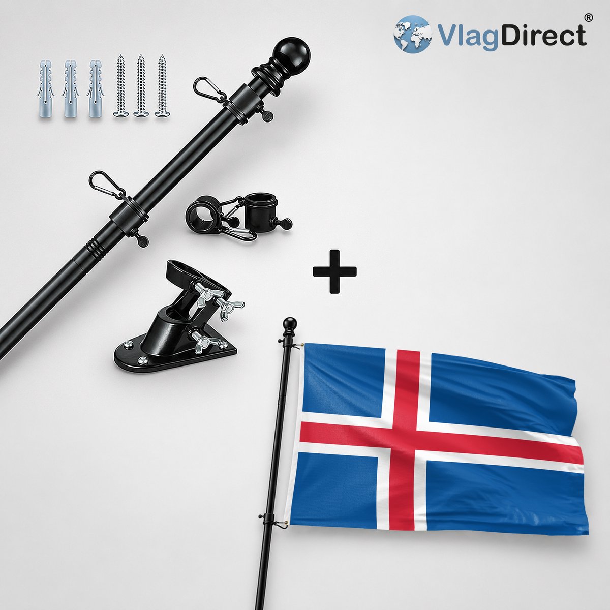 VlagDirect - Compleet vlaggenpakket - Zwarte vlaggenstok inclusief vlaggenstokhouder + Ijslandse vlag - Ijsland vlag - 90 x 150 cm.