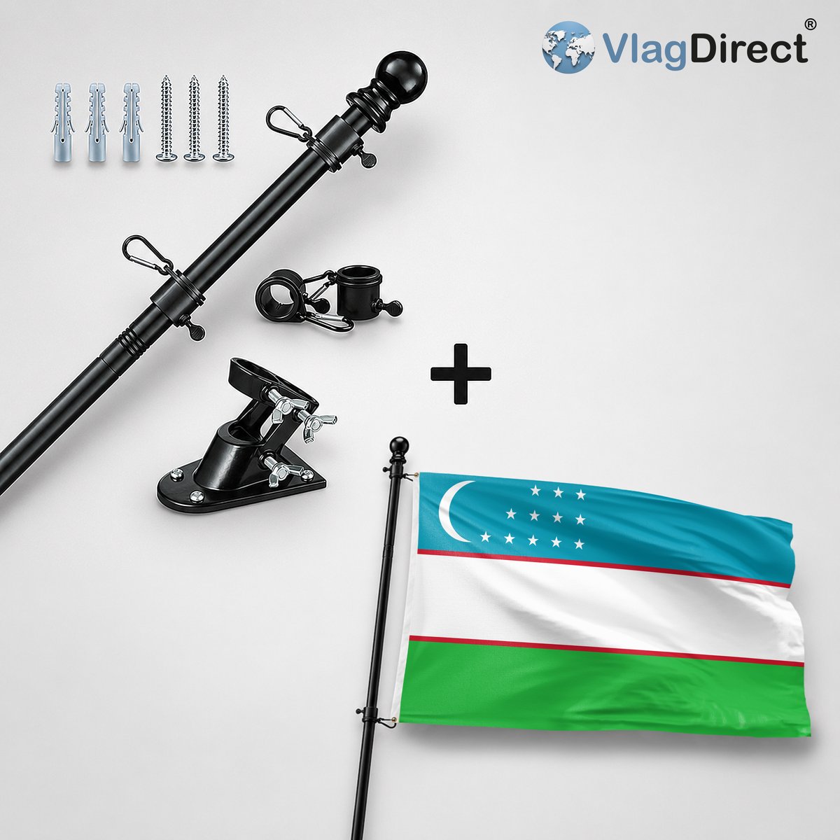 VlagDirect - Compleet vlaggenpakket - Zwarte vlaggenstok inclusief vlaggenstokhouder + Oezbeekse vlag - Oezbekistan vlag - 90 x 150 cm