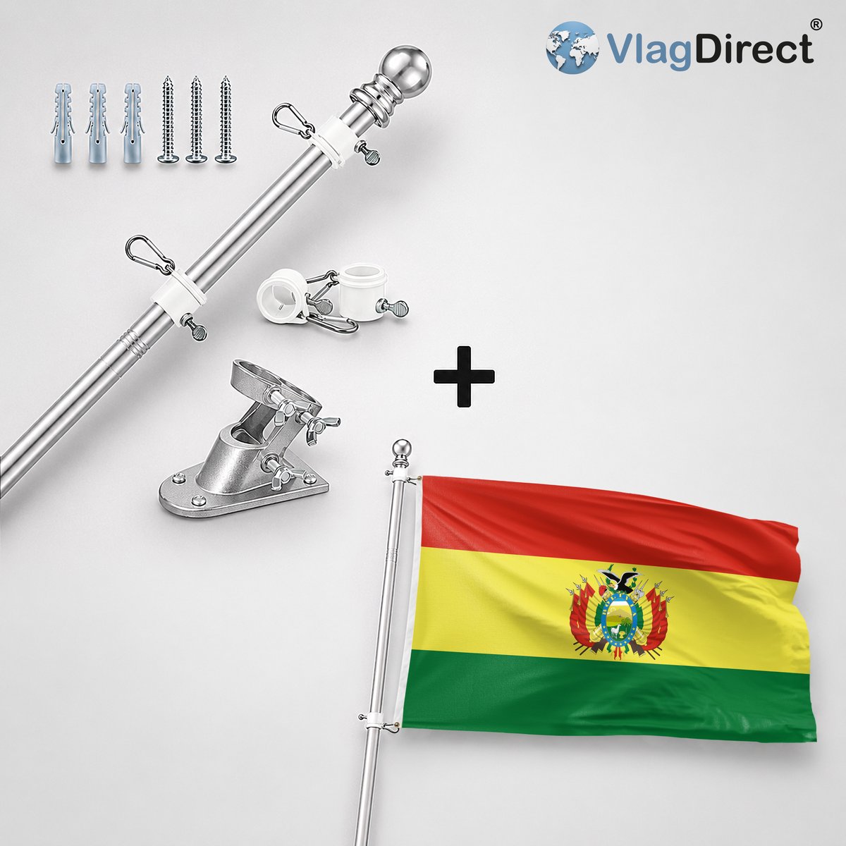 VlagDirect - Compleet vlaggenpakket - Zilveren vlaggenstok inclusief vlaggenstokhouder + Boliviaanse vlag - Bolivia vlag - 90 x 150 cm.
