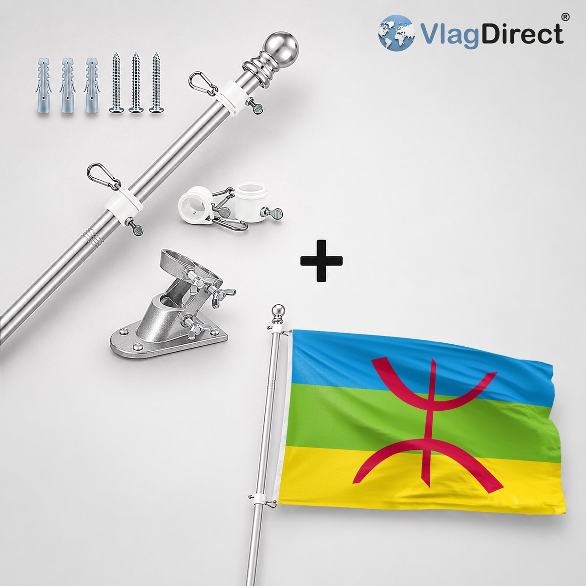 VlagDirect - Compleet vlaggenpakket - Zilveren vlaggenstok inclusief vlaggenstokhouder + Berberse vlag - Berber vlag - Amazigh vlag - 90 x 150 cm.