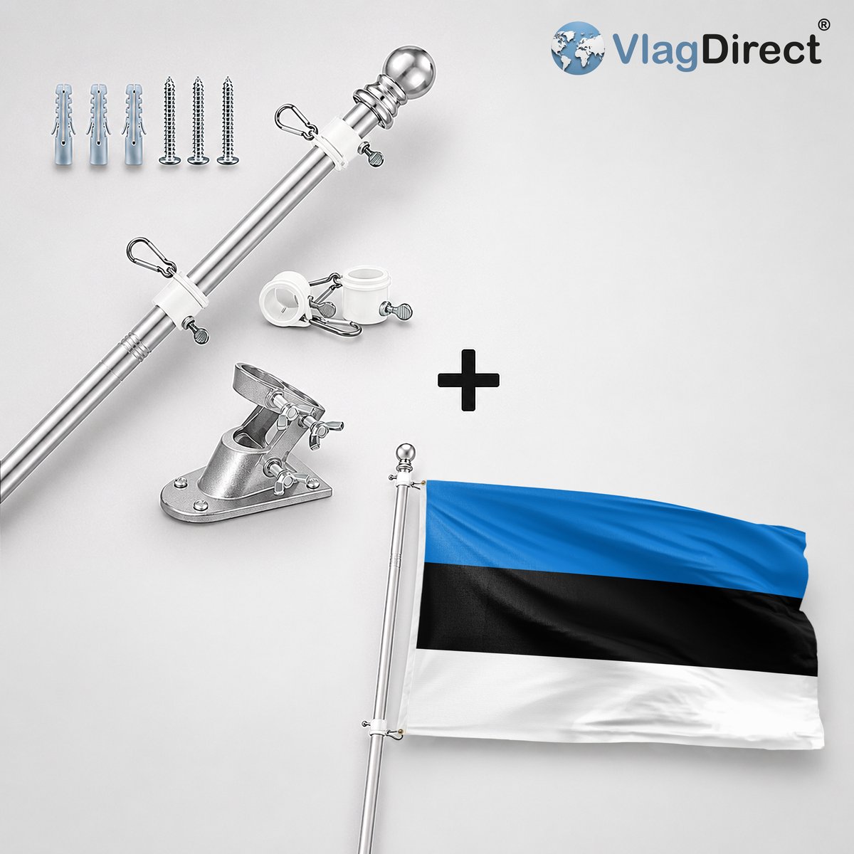VlagDirect - Compleet vlaggenpakket - Zilveren vlaggenstok inclusief vlaggenstokhouder + Estische vlag - Estland vlag - 90 x 150 cm