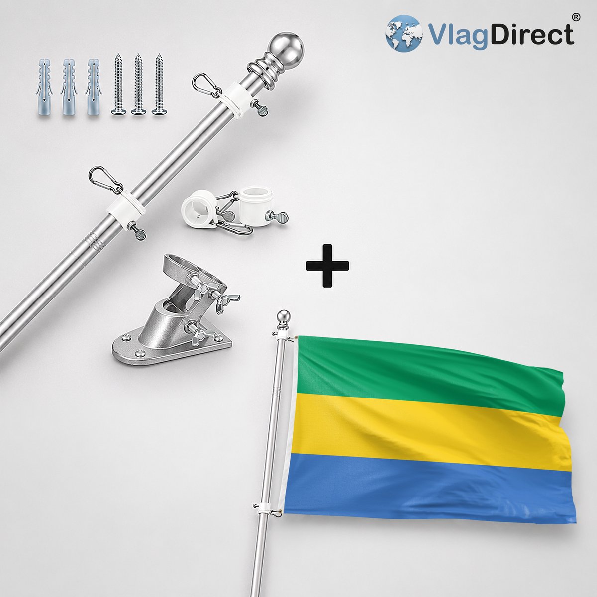 VlagDirect - Compleet vlaggenpakket - Zilveren vlaggenstok inclusief vlaggenstokhouder + Gabonese vlag - Gabon vlag - 90 x 150 cm