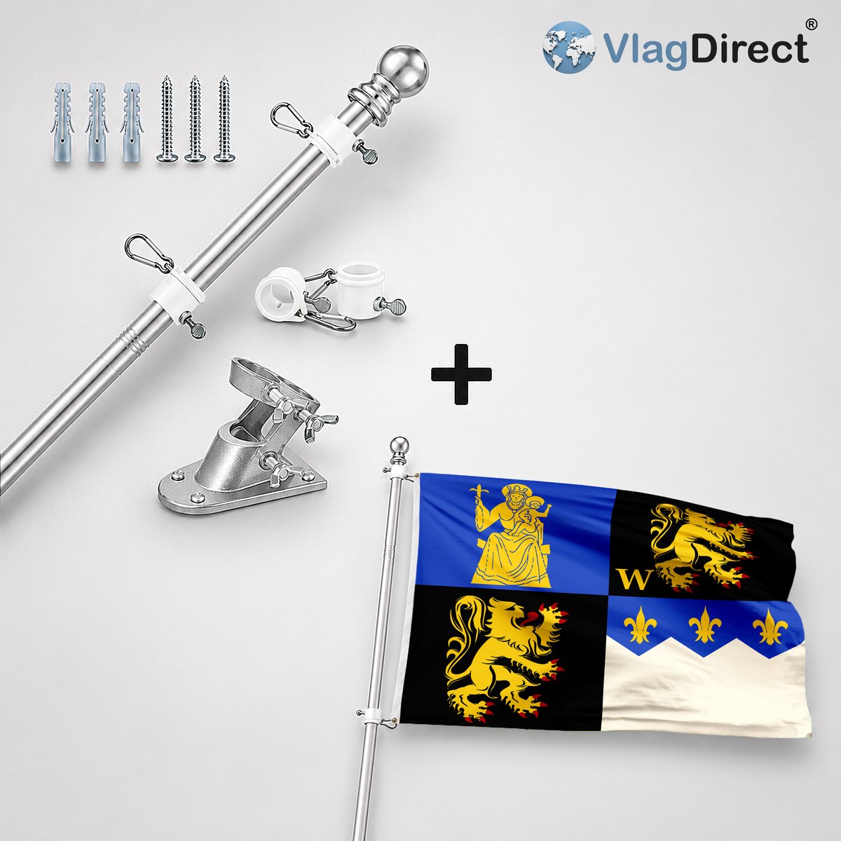 VlagDirect - Compleet vlaggenpakket - Zilveren vlaggenstok inclusief vlaggenstokhouder + Herentse vlag - Gemeente Herent vlag - 90 x 150 cm.