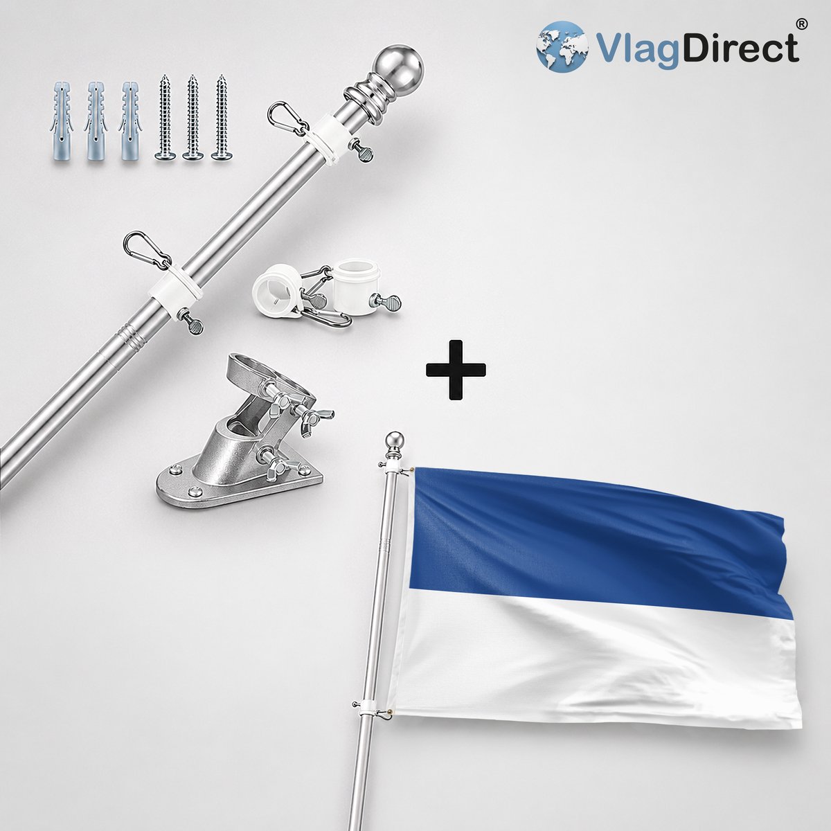 VlagDirect - Compleet vlaggenpakket - Zilveren vlaggenstok inclusief vlaggenstokhouder + Assen vlag - Gemeente Assen vlag - 90 x 150 cm.