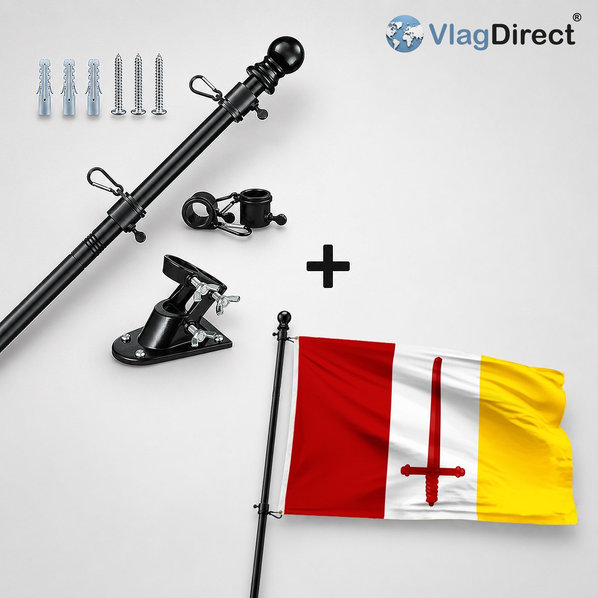 VlagDirect - Compleet vlaggenpakket - Zwarte vlaggenstok inclusief vlaggenstokhouder + Aalsterse vlag - Gemeente Aalst vlag - 90 x 150 cm.