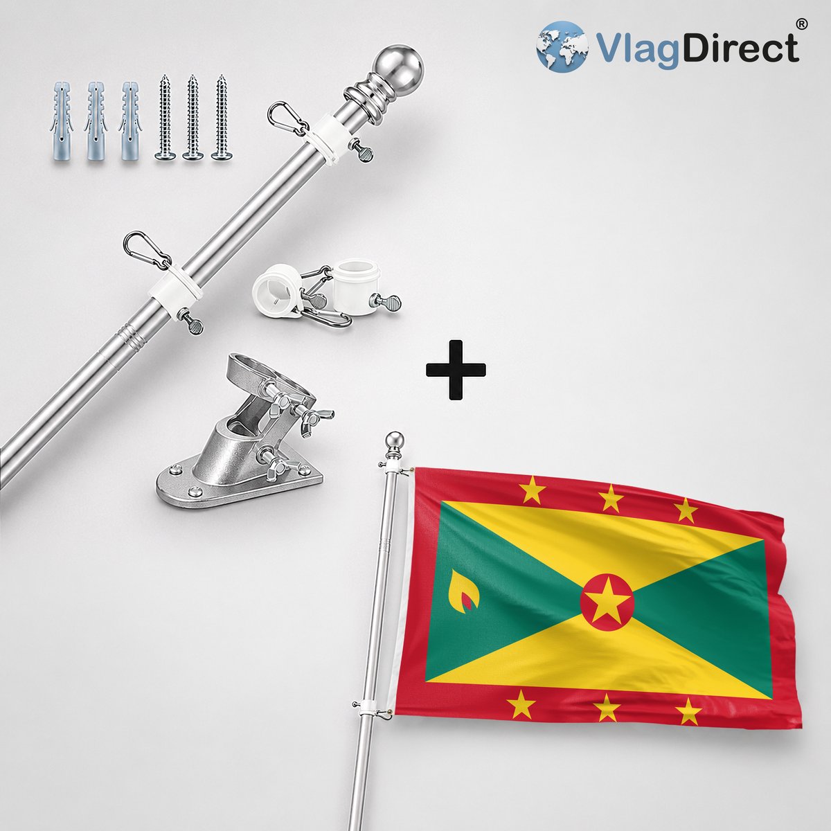 VlagDirect - Compleet vlaggenpakket - Zilveren vlaggenstok inclusief vlaggenstokhouder + Grenadiaanse vlag - Grenada vlag - 90 x 150 cm