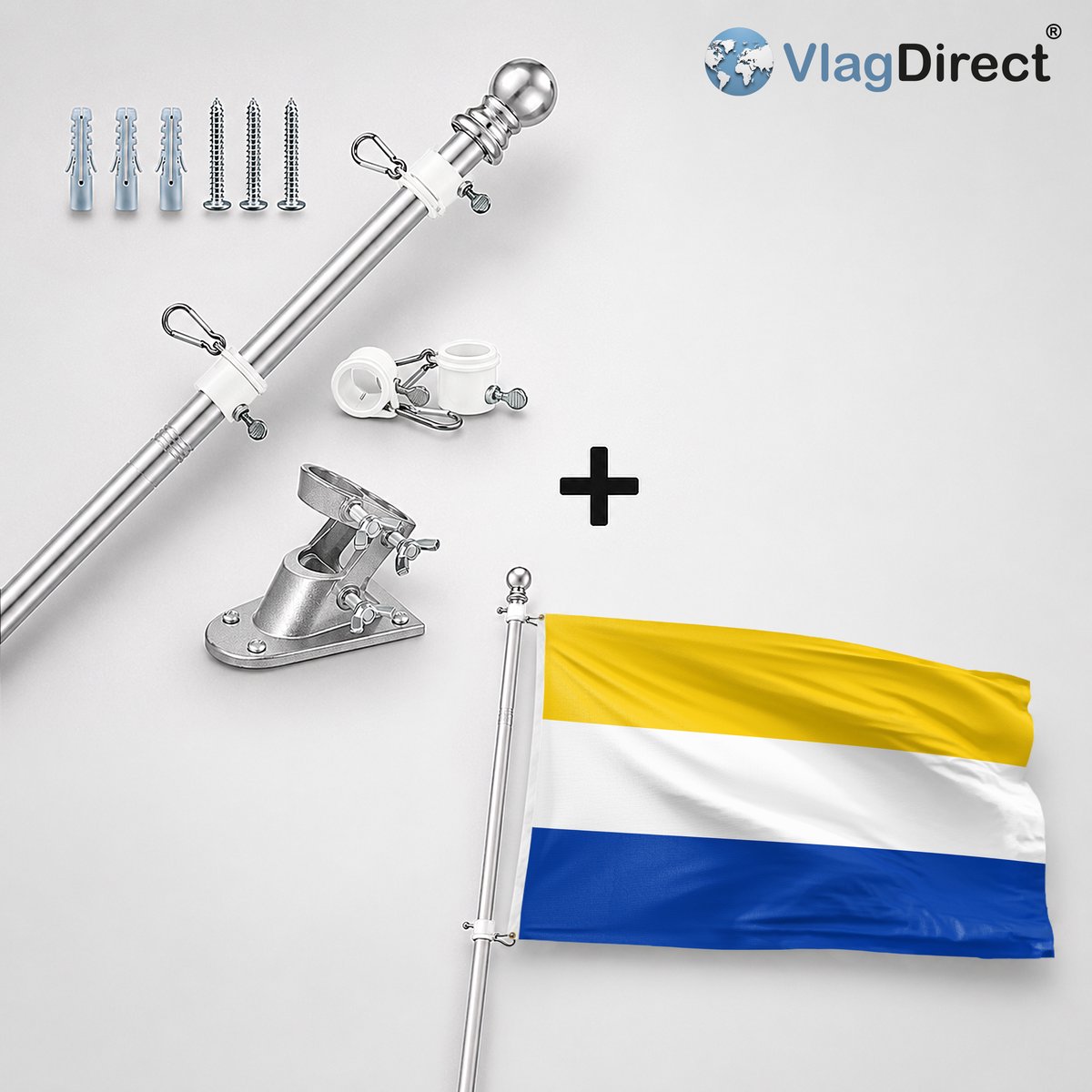 VlagDirect - Compleet vlaggenpakket - Zilveren vlaggenstok inclusief vlaggenstokhouder + Heerhugowaard vlag - Gemeente Heerhugowaard vlag - 90 x 150 cm.