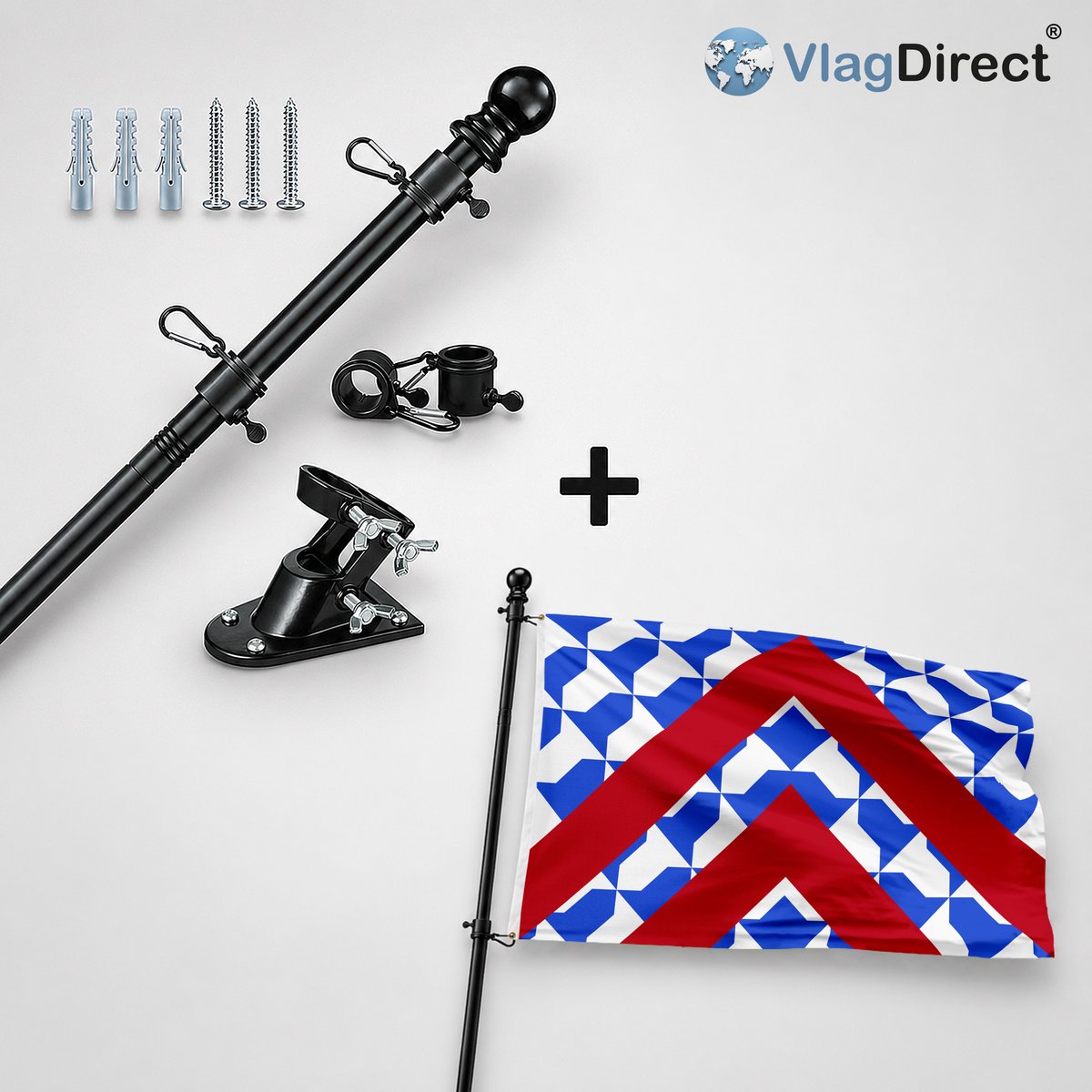 VlagDirect - Compleet vlaggenpakket - Zwarte vlaggenstok inclusief vlaggenstokhouder + Gemeente Lijsem vlag - 90 x 150 cm.