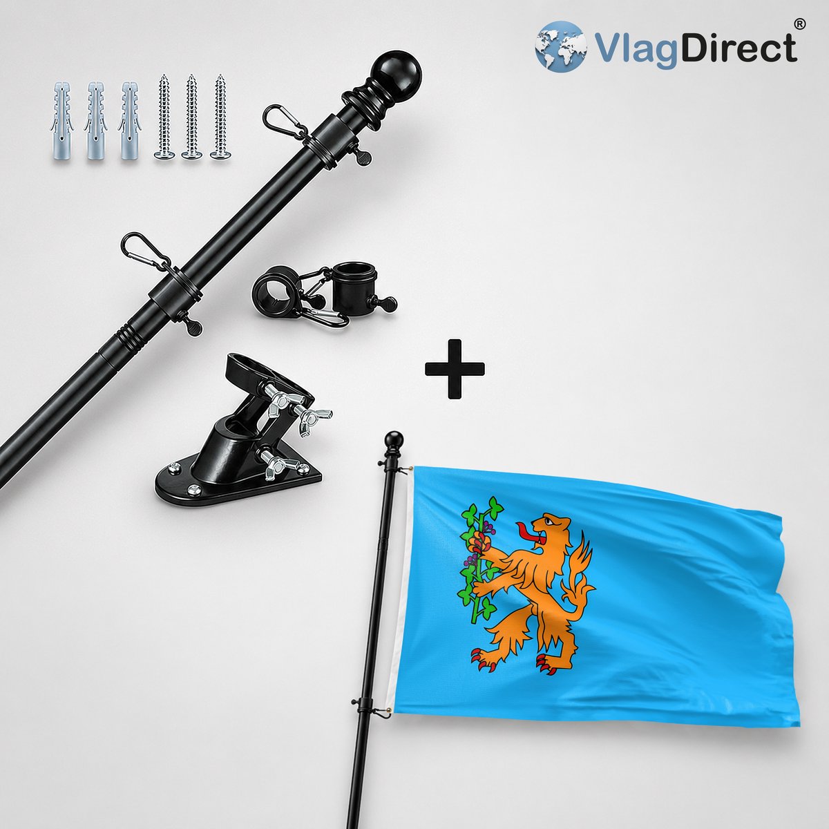VlagDirect - Compleet vlaggenpakket - Zwarte vlaggenstok inclusief vlaggenstokhouder + Brummen vlag - Gemeente Brummen vlag - 90 x 150 cm.