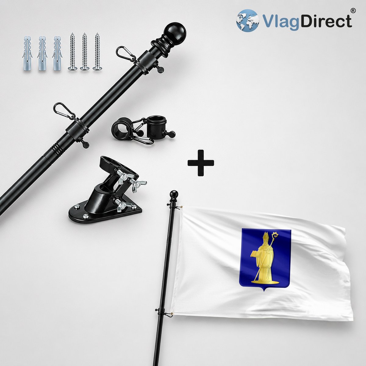 VlagDirect - Compleet vlaggenpakket - Zwarte vlaggenstok inclusief vlaggenstokhouder + Gemeente Soumagne vlag - 90 x 150 cm.