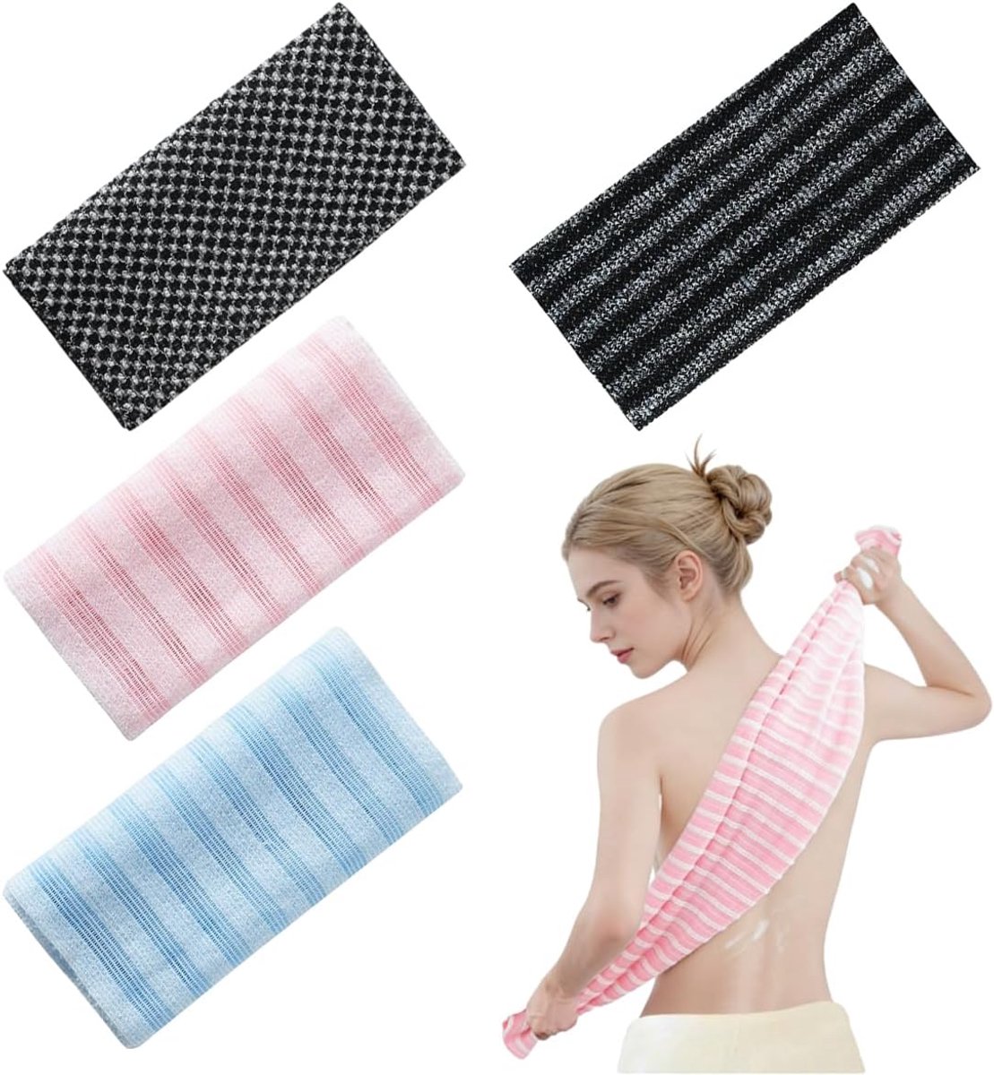 4 stuks Japanse peelinghanddoek, extra lange rugschrobber, rugborstel, peelingdoek, scrub-lichaamscrubber - ShopVlot