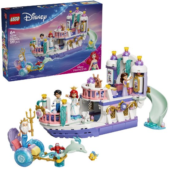 LEGO Disney Princess kasteelboot met Ariel, Eric en 5 figuurtjes, paars, wit en goud.