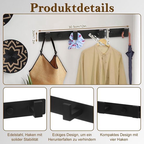 Wall Clothes Hooks, 2 Pieces Wardrobe Hooks with 4 Hooks Hook for Screws for Jackets, Hats, Bags in Hallway, Bathroom - ShopVlot — afbeelding 2