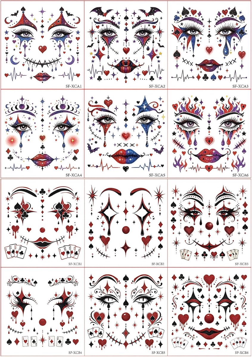 Halloween Gezichtstattoo's 12 Stuks, Tijdelijke Gezichtstattoo's Met Clown Ontwerp, Halloween Tattoo Gezicht Voor - ShopVlot