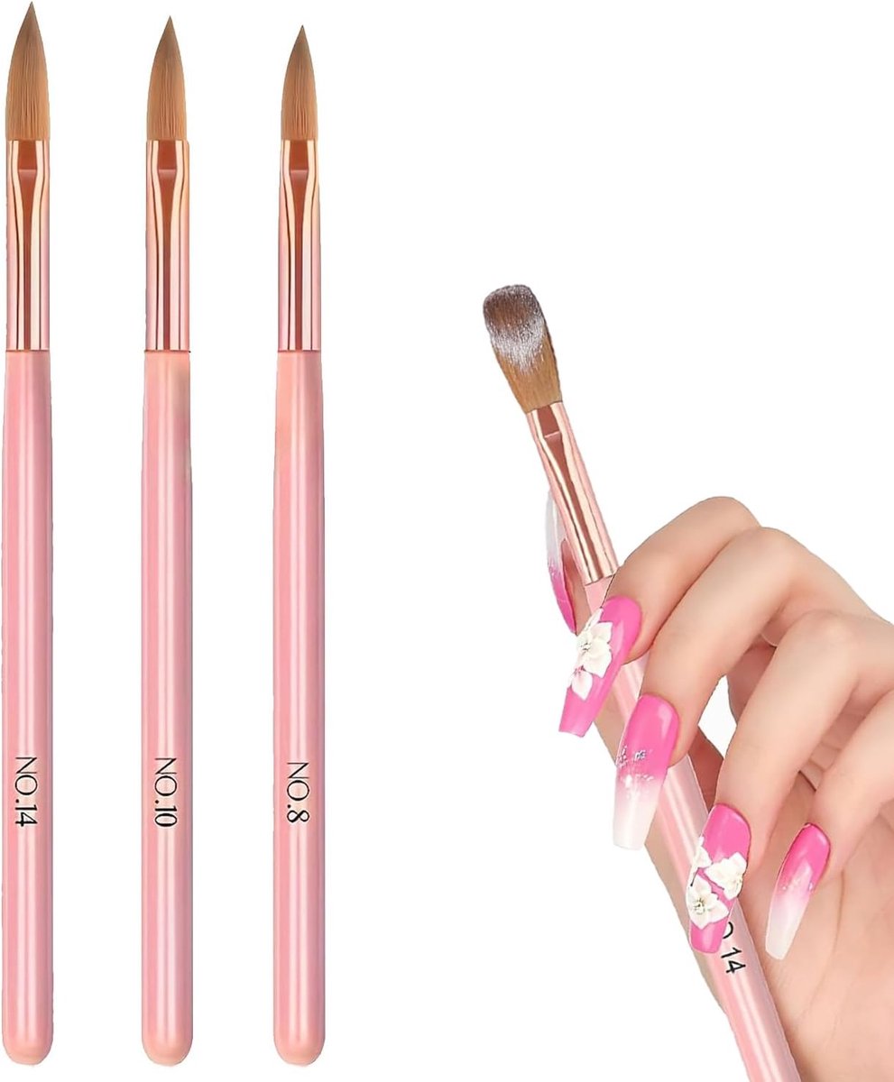 Acrylkwast, 3-delige acrylset voor nagels, professionele maten, 8/10/14, roze, acrylpoederkwast, ideaal voor - ShopVlot