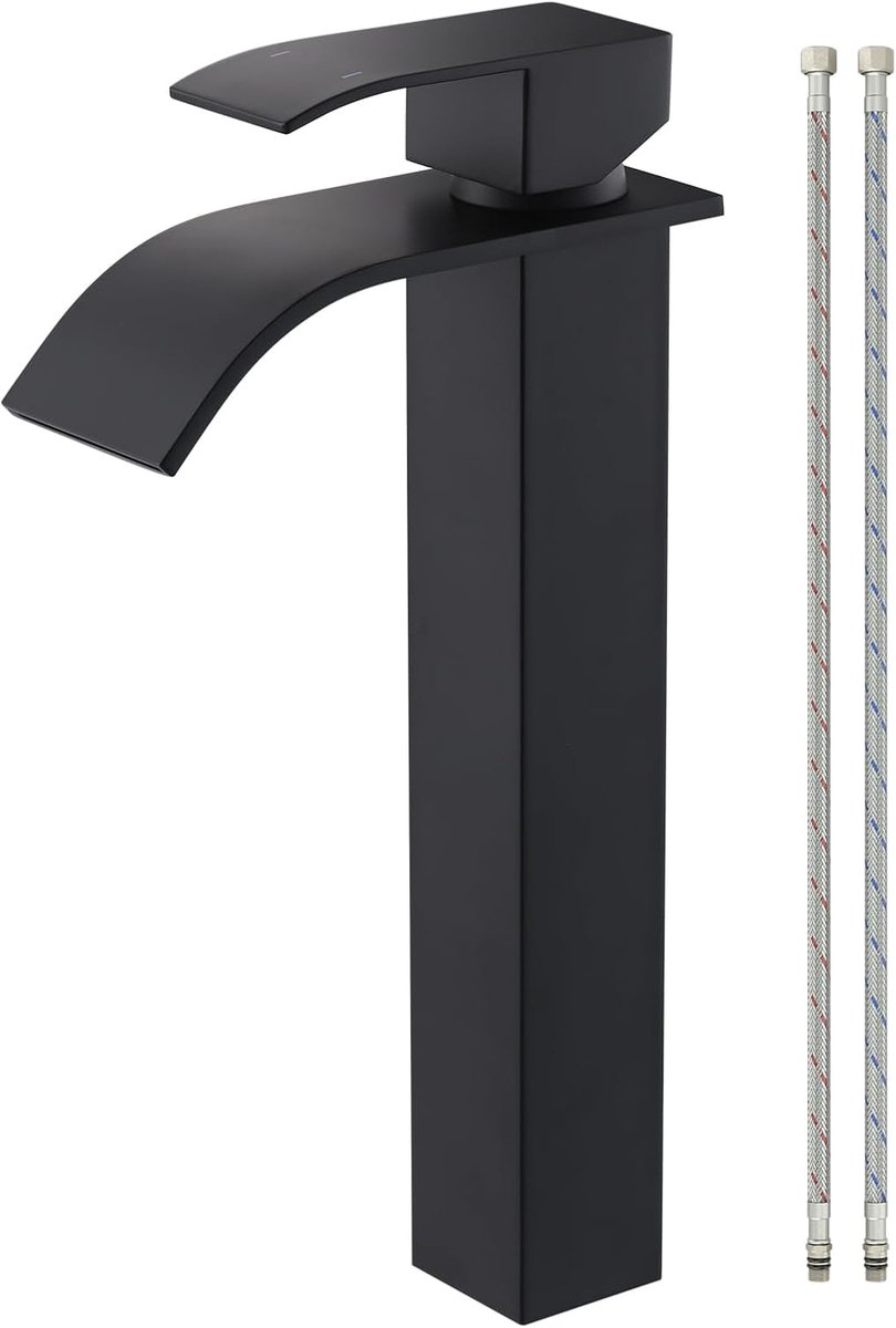 Waterfall Bathroom Faucet Black, 295mm Basin Mixer Tap, Single Lever Mixer Tap, Stainless Steel, High, Bathroom - ShopVlot