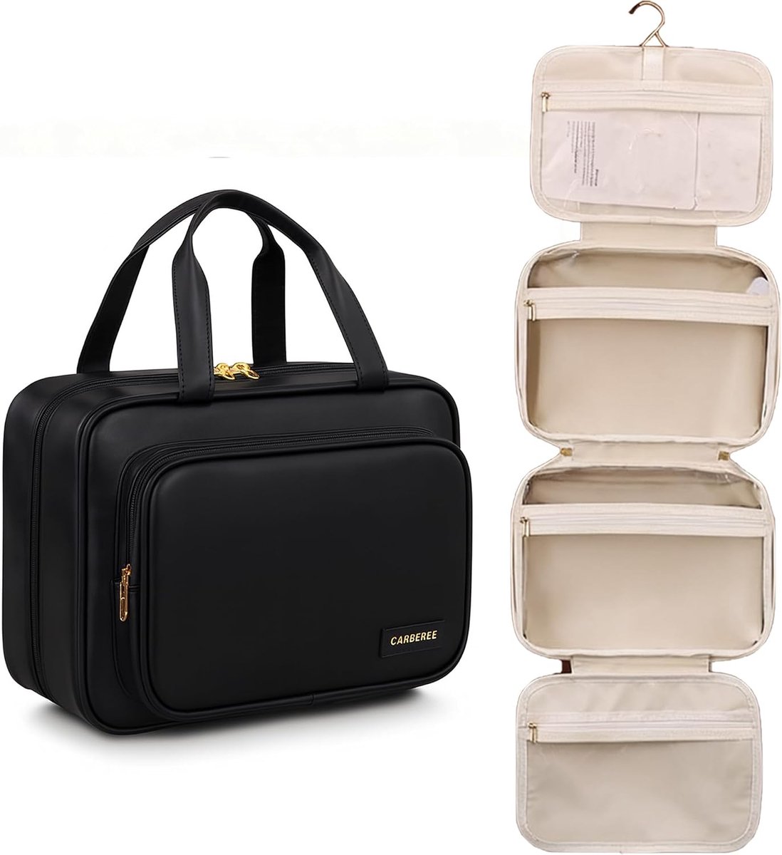 Travel Laundry Bag, Large Capacity PU Leather Makeup Organizer, Waterproof Travel Bag Hanging Toiletry Bag with - ShopVlot