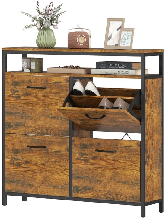 OKWISH Schoenenkast Met 4 Klapdeuren - Smal Industrieel Ontwerp Met Open Vak - Rustiek Bruin Hout En Zwart Staal - 98 X 24 X 95 Cm van okwish — afbeelding 4