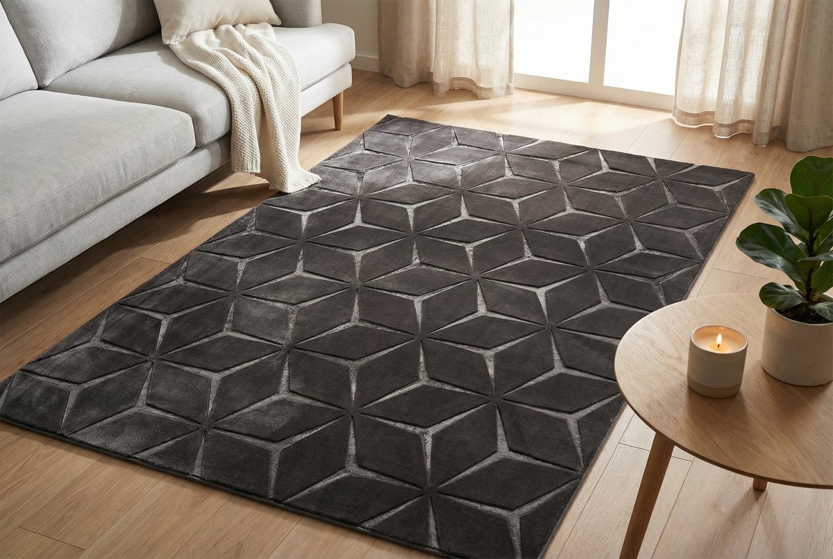 Padiro laagpolig vloerkleed 200 x 290 cm - antraciet - modern geometrisch patroon - geschikt voor vloerverwarming - van polyester