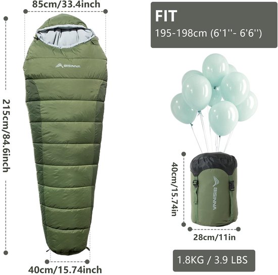 Mummieslaapzak voor 4 seizoenen met capuchon en telefoonvak - 215 x 85 x 40 cm van Merkloos — afbeelding 2