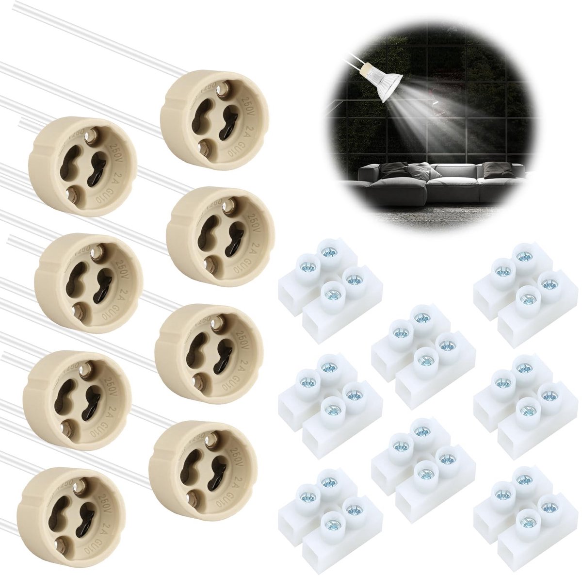 8-pack GU10 fittingen met kabel voor LED en halogeen - Keramische lampvoet