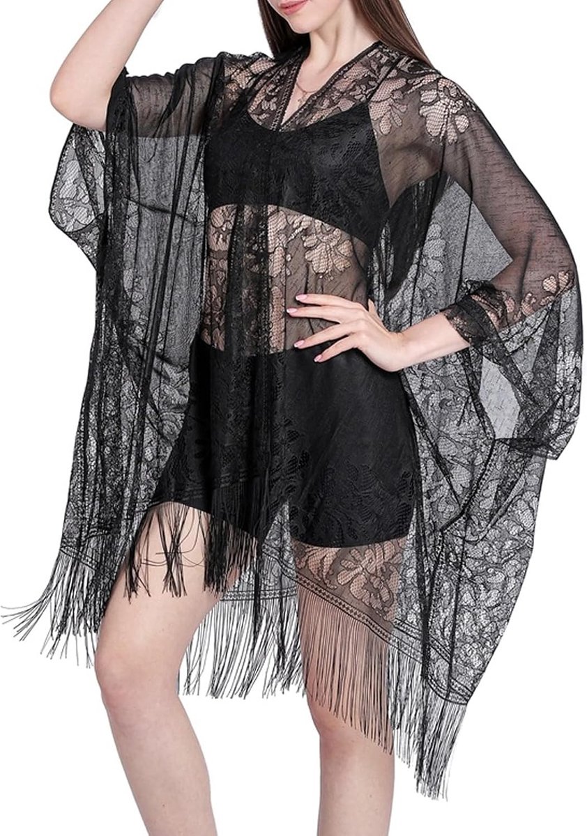 Lange Mouwen Kant Kimono Strandjurk - Zwart - Sexy en Elegant - Perfect voor Vakantie - ShopVlot