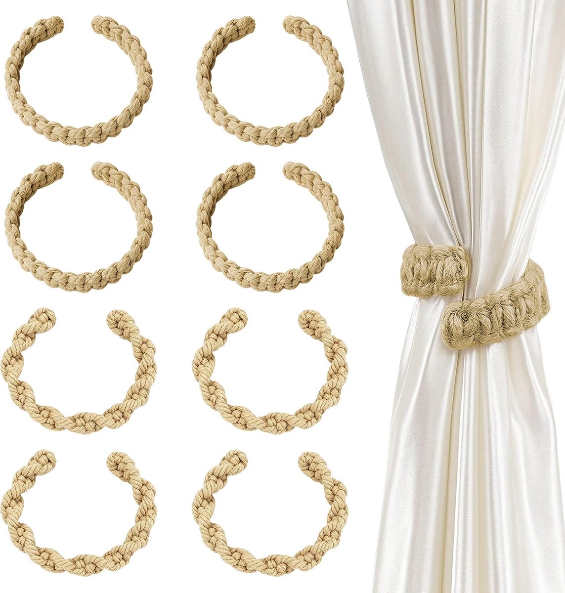Gevlochten gordijnhouders 8 stuks - Boho stijl - Handgemaakt - Houd lichte gordijnen netjes samen - ShopVlot