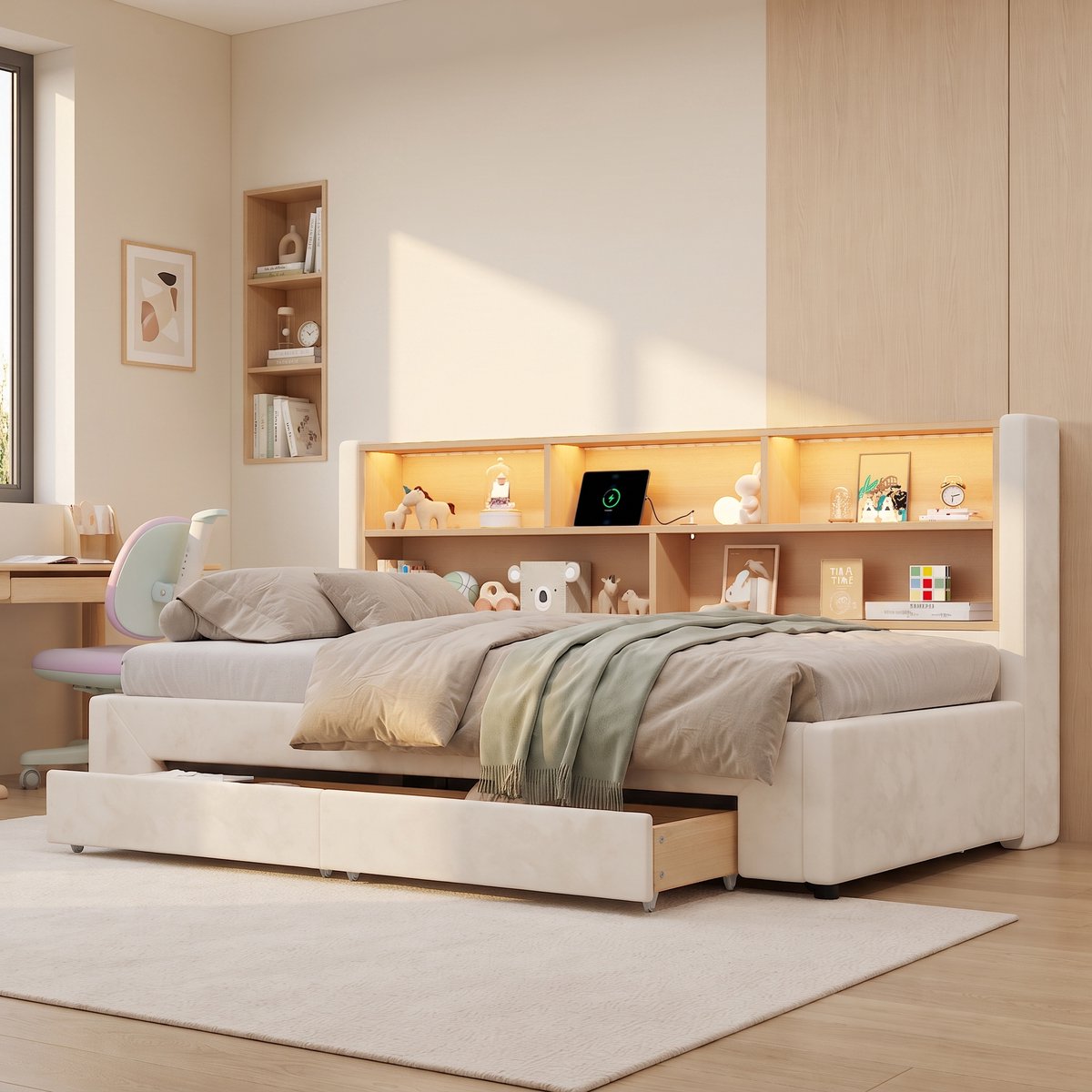 OKWISH Bedbank 90x200 cm - Uitschuifbaar Tot 180x200 cm Met USB en Ledverlichting - Met Opbergruimte en 2 Laden - Voor Kinderkamer - Stof - Beige - Zonder matras