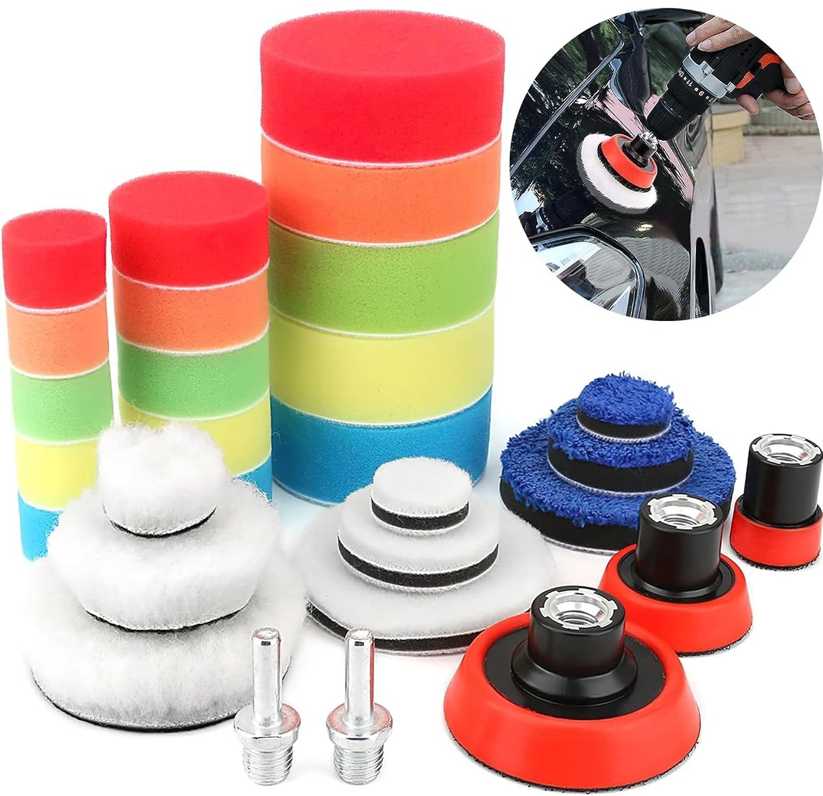 Auto Polijsten Pads Set - Multi-kleur - Geschikt voor Boormachines - Hoogwaardige Schuim en Wol - Voor Auto Polijsten en Waxen