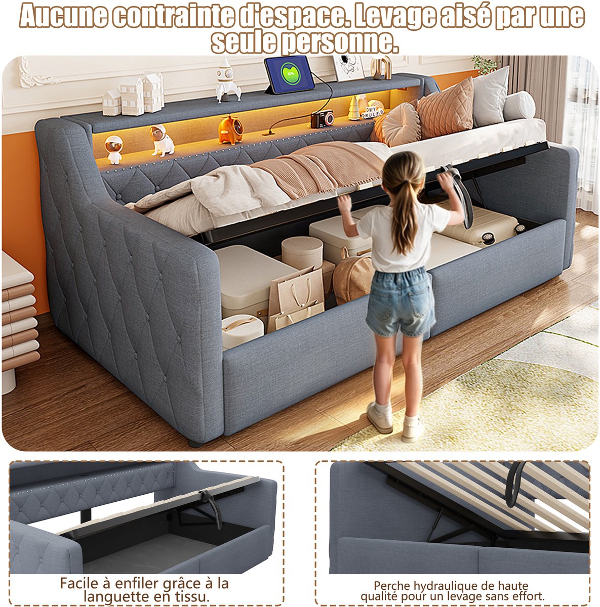 Gestoffeerd Bed 90x200 cm - Met Ledverlichting En USB C Poorten - Hydraulische Opbergruimte - Eenpersoonsbed Van Stof - Grijs - Zonder Matras