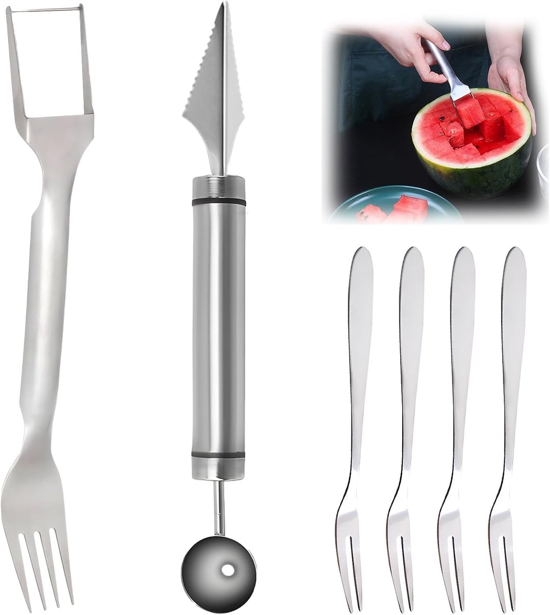 Fruit snijder 2-in-1 - RVS - multifunctionele snij- en lepelset - ideaal voor watermeloen - ShopVlot