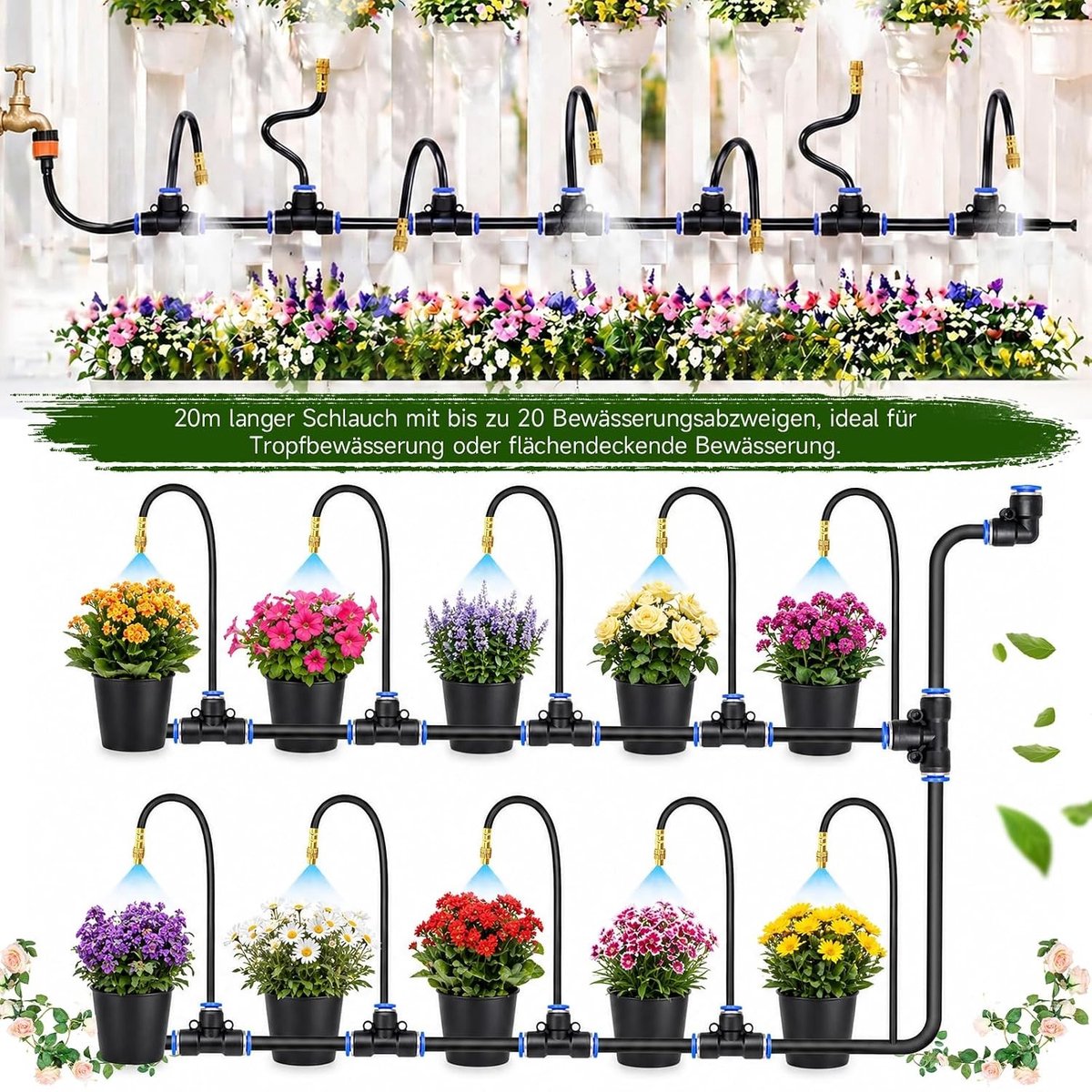 Automatisch Irrigatiesysteem 20 m met 20 Verstelbare Spuitmonden voor Tuin, Serre en Balkon - Efficiënte Besproeiing en Verkoeling