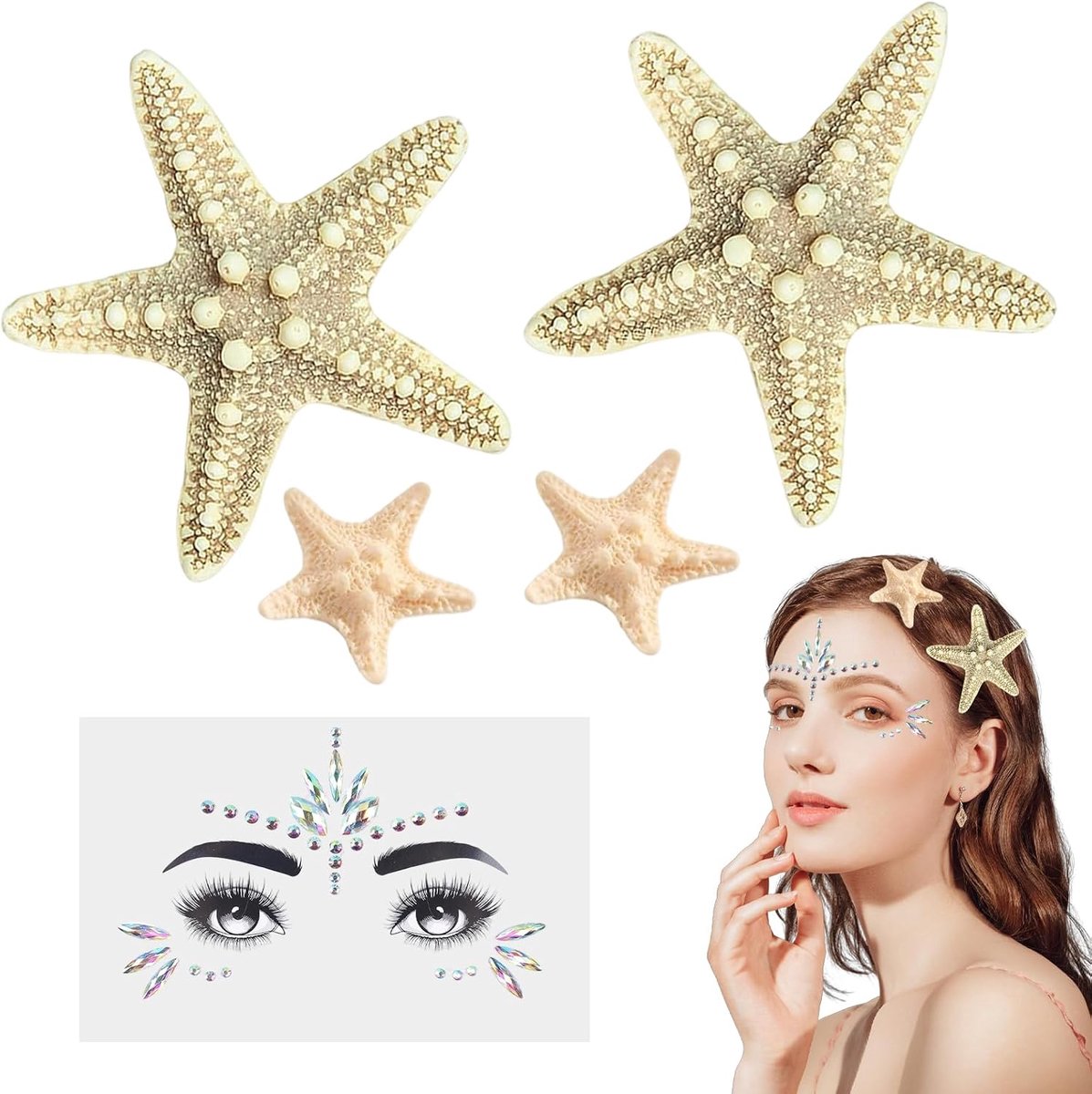 Hair pins with starfish and gemstones for the face, suitable for music festivals, dances, parties and carnival - ShopVlot