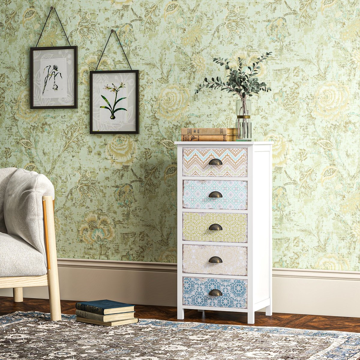 DESMIU Ladekast - 5 Lades Met Vintage Look En Multicolor - Voor Woonkamer, Slaapkamer En Kinderkamer - MDF - 46x34x97,5 Cm