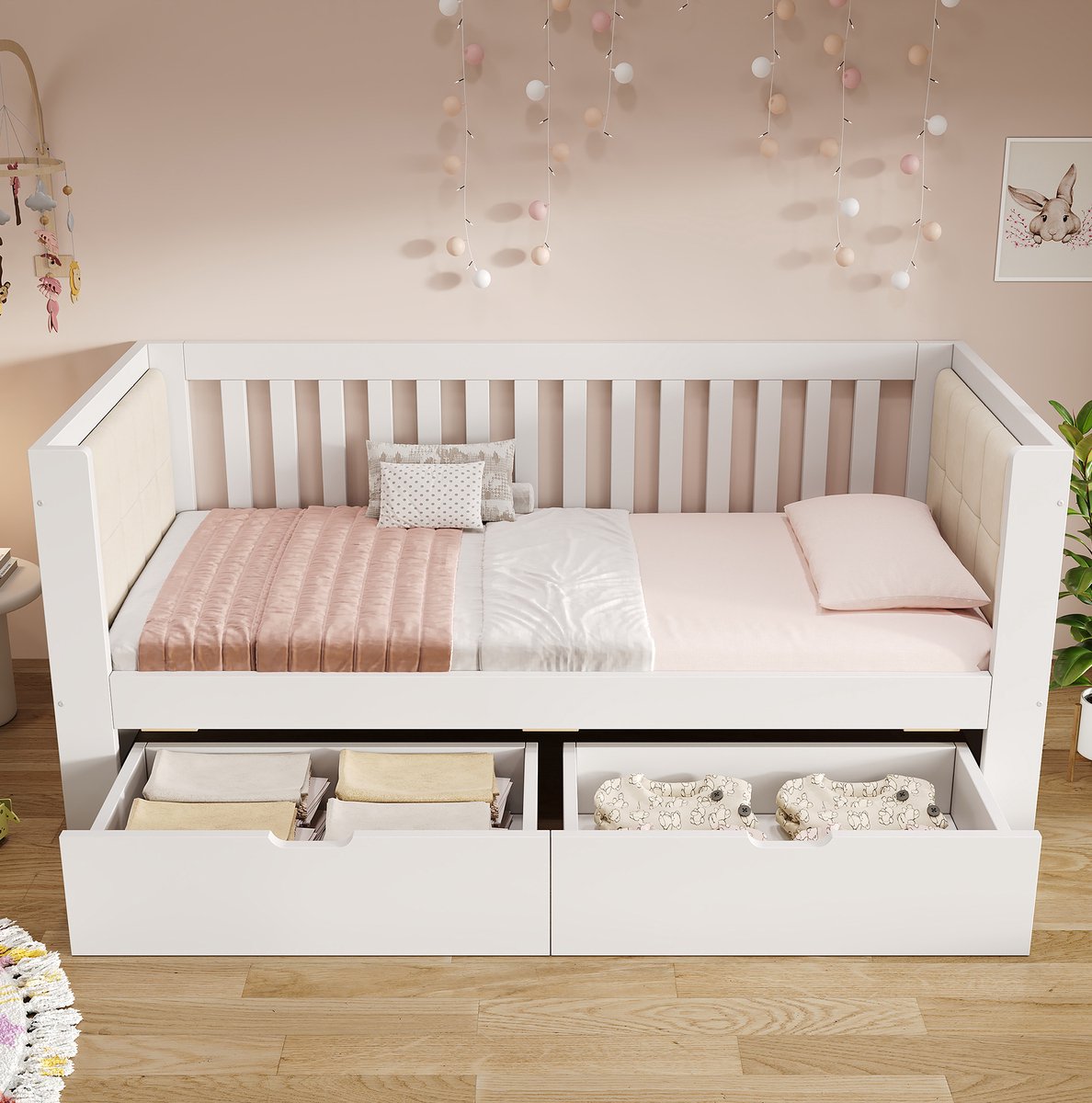 REDOM - Bedframe - Slaapbank met 2 lades - Driezijdige rugleuning en afgeronde armleuningen - Lattenbodem - Hout - Wit - 201 x 95 x 74 cm