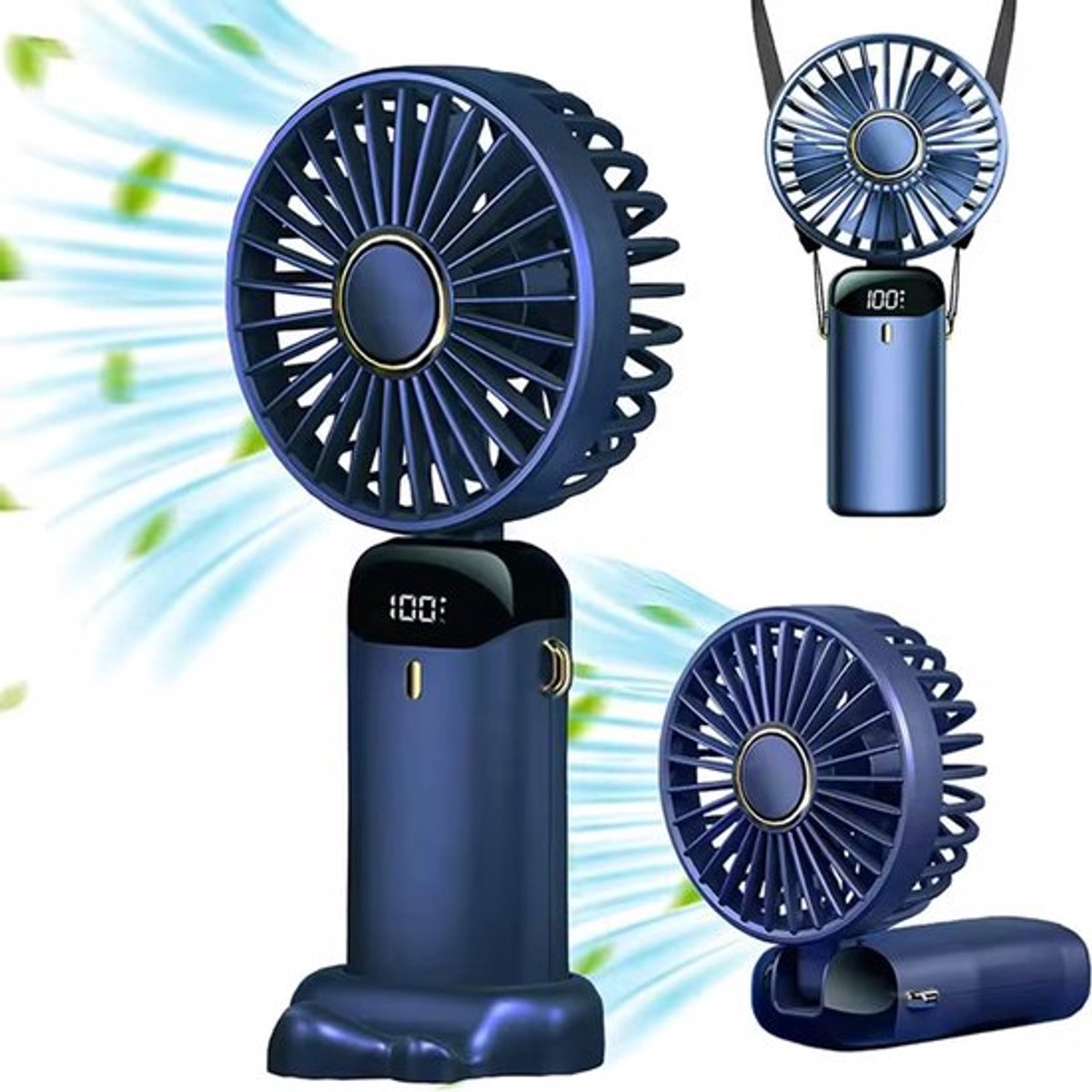 Handventilator - Draagbare Ventilator - USB-Oplaadbare - Mini Fan Oplaadbaar - 5 Snelheden - LED Display - Met Aromatherapie Functie - Ideaal voor Thuis & Reizen (Donkerblauw)