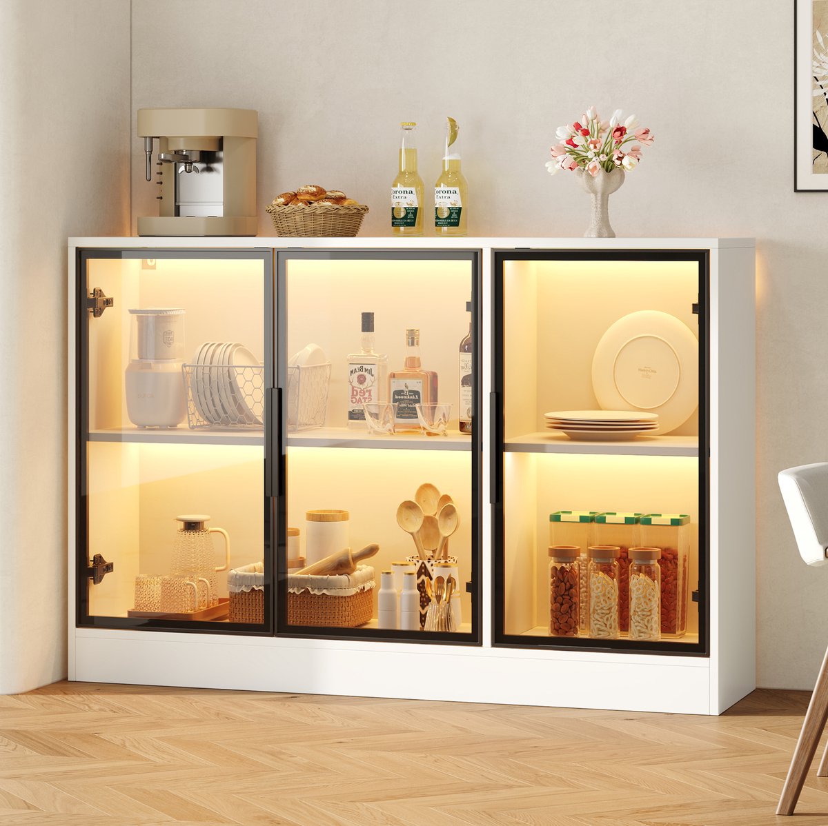 OKWISH Vitrinekast - Met LED-Verlichting En Grijze Glasfronten - 120 x 30 x 73 cm - 2 Deuren - Opbergruimte Voor Woonkamer Of Eetkamer - Spaanplaat Wit