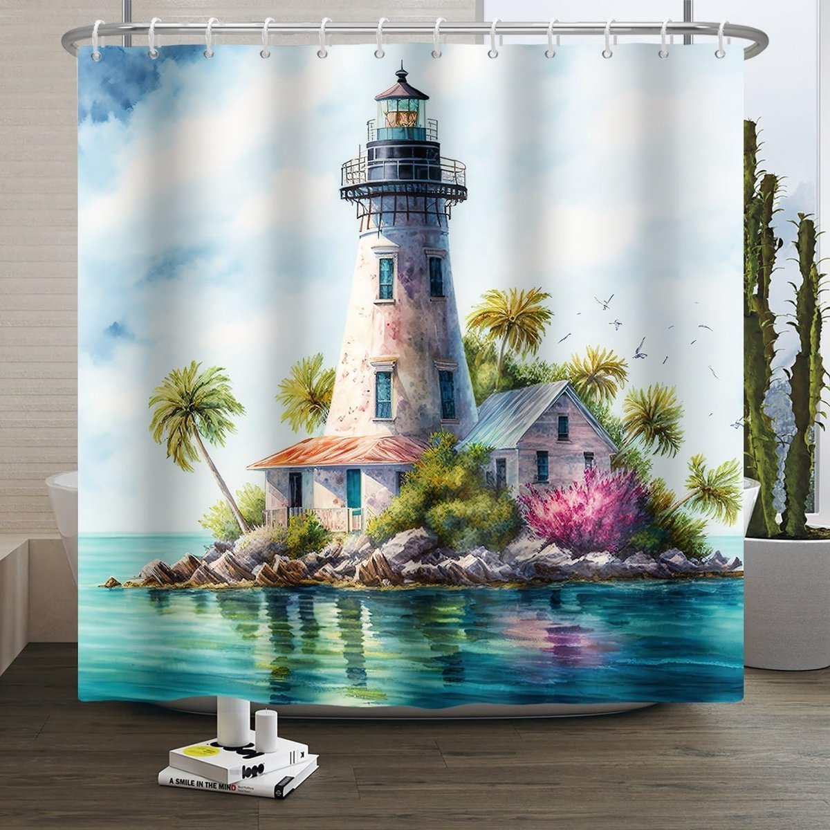 Nautische vuurtoren douchegordijn 3D zomer blauw oceaan meeuwen waterdicht badkamer gordijn aquarel eiland palmbomen - ShopVlot