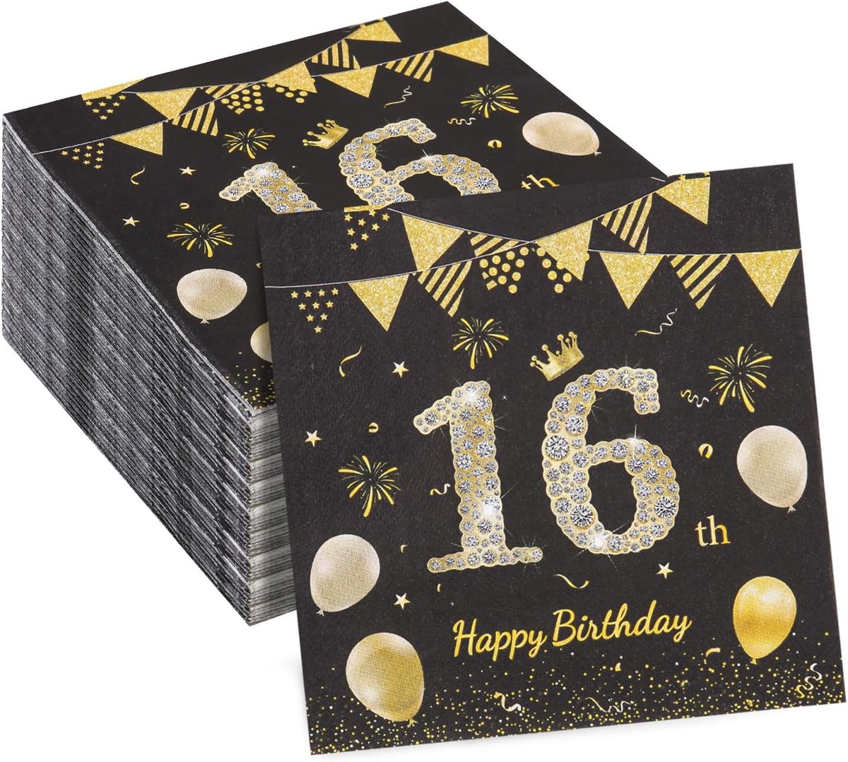 16th Birthday Napkins,100 Napkins Birthday Black-Gold Happy Birthday 16 Celebrating Party Anniversary Table Decoration - ShopVlot